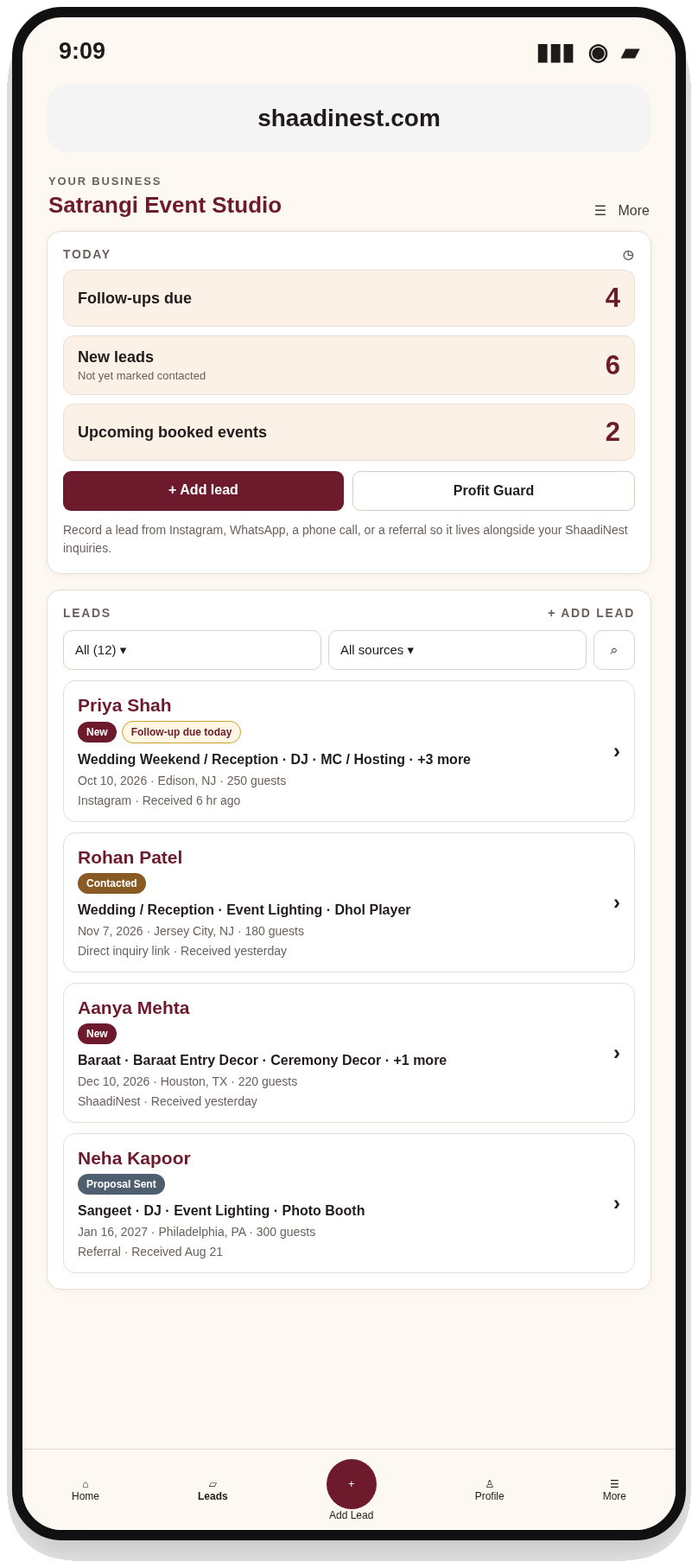 ShaadiNest Vendor Workspace on a phone, showing follow-ups due, new leads, upcoming booked events, and an Add lead action