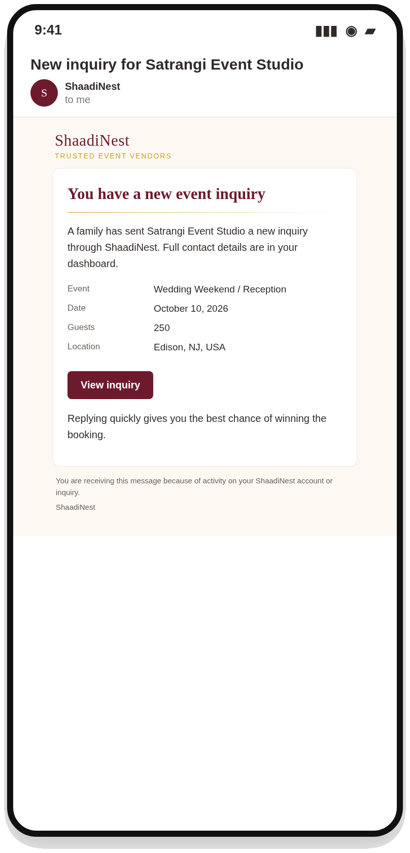 New inquiry email alert for a vendor, with a View inquiry button
