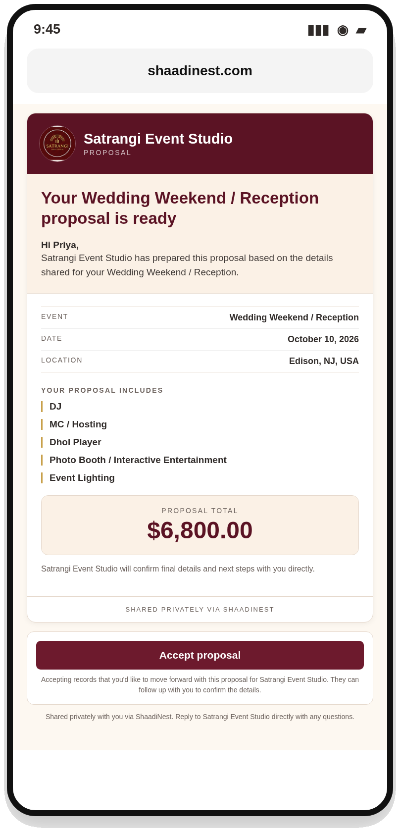 Client-facing ShaadiNest proposal on a phone, showing the vendor's business, event details, proposal total, and an accept action