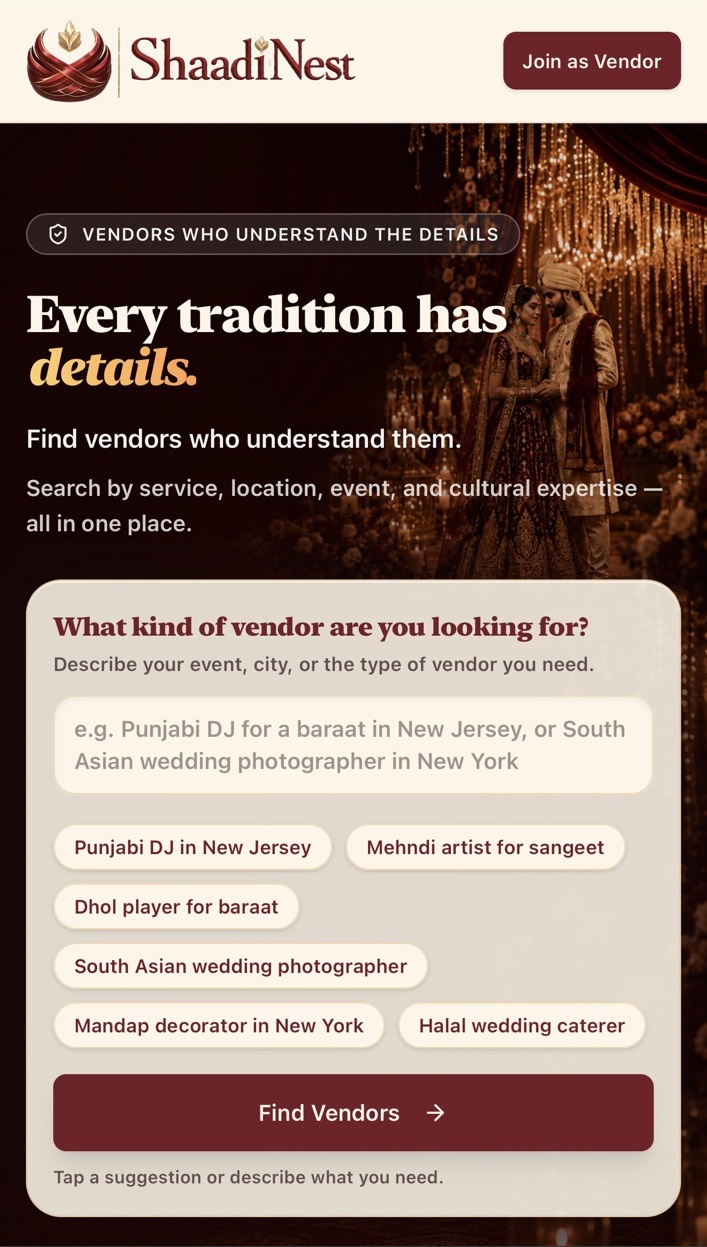 ShaadiNest family discovery experience on a phone, where families search for vendors