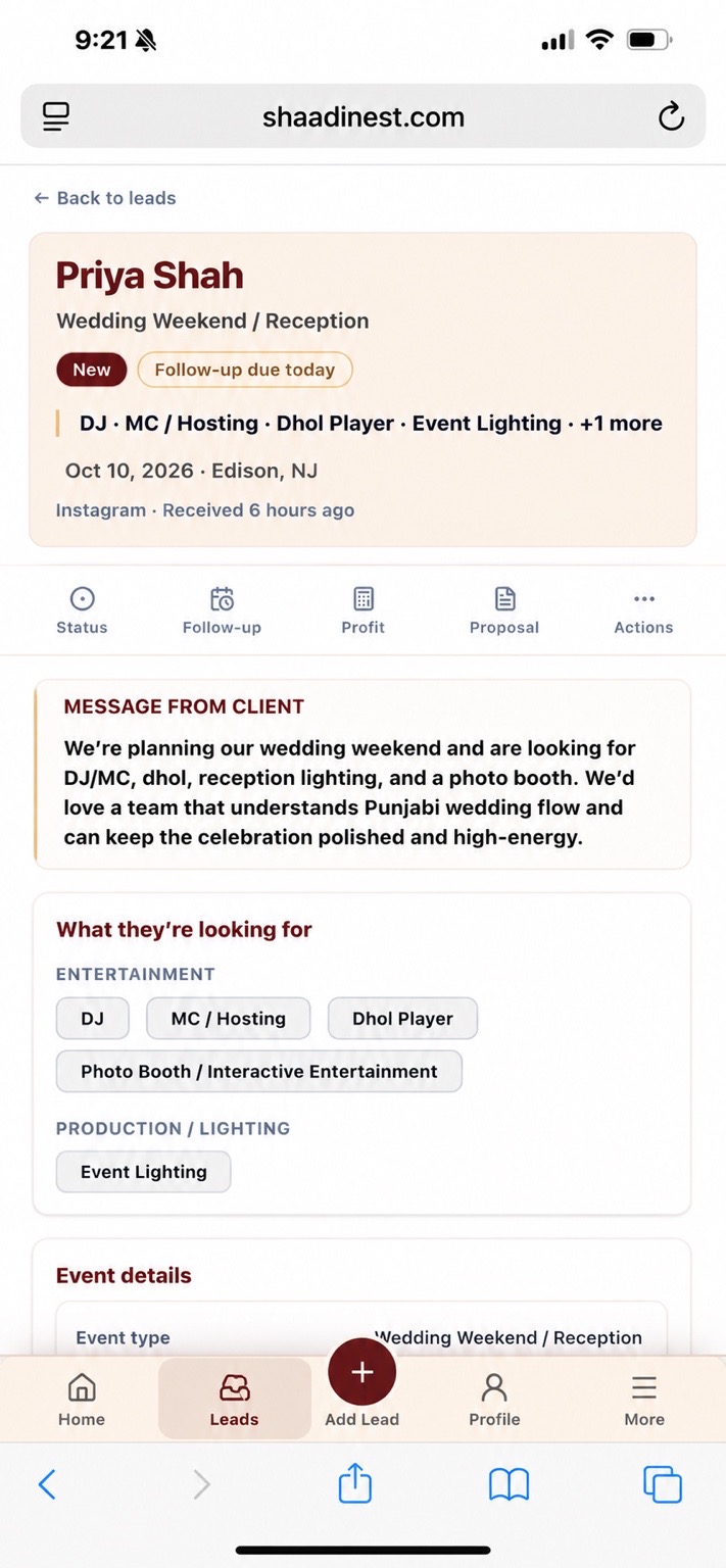 Lead detail in the ShaadiNest Vendor Workspace, showing the client's message, requested services, and event details