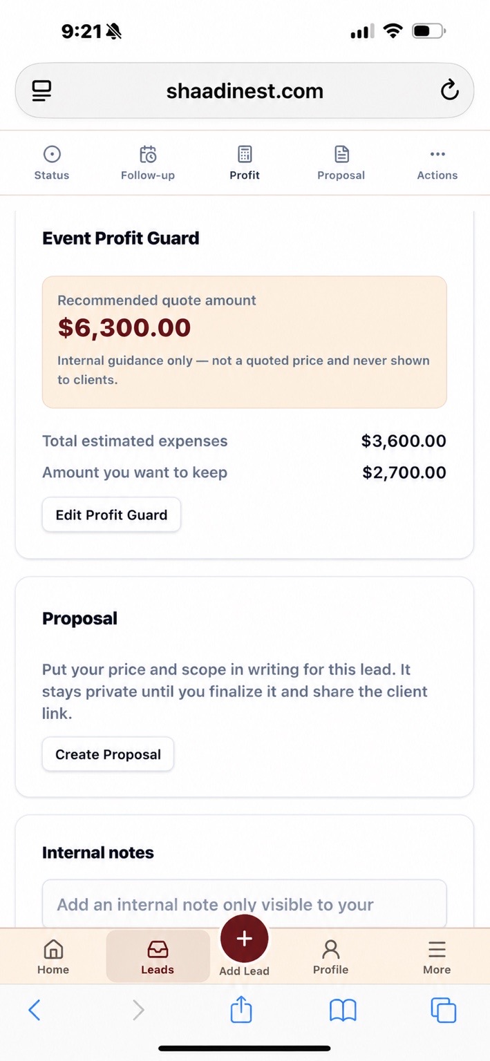 Profit Guard in the ShaadiNest Vendor Workspace, showing private pricing guidance for a lead